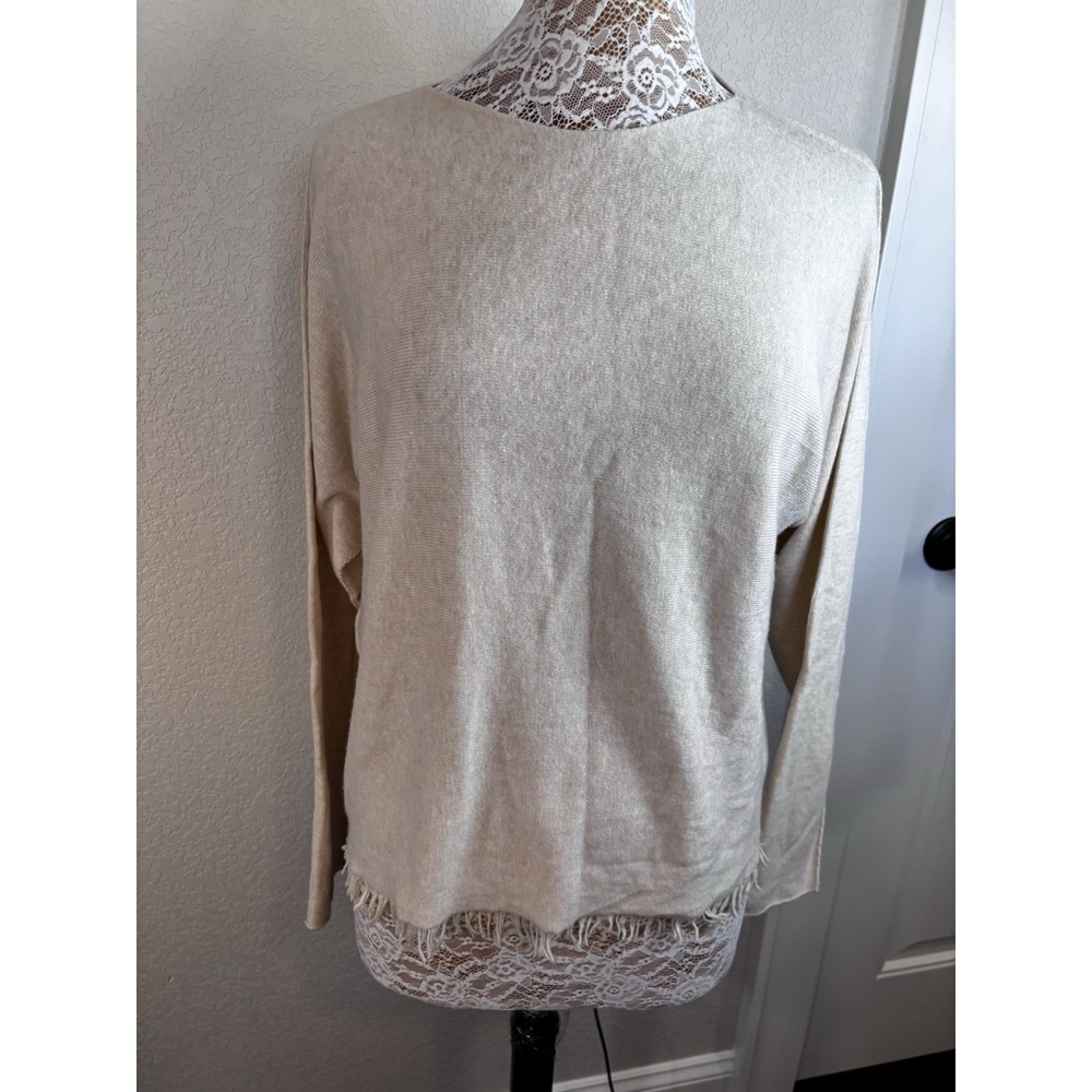 Bianca & Blu Made In Italy  Fringed Hem Cashmere Silk Blend Sweater‎ Heather XL